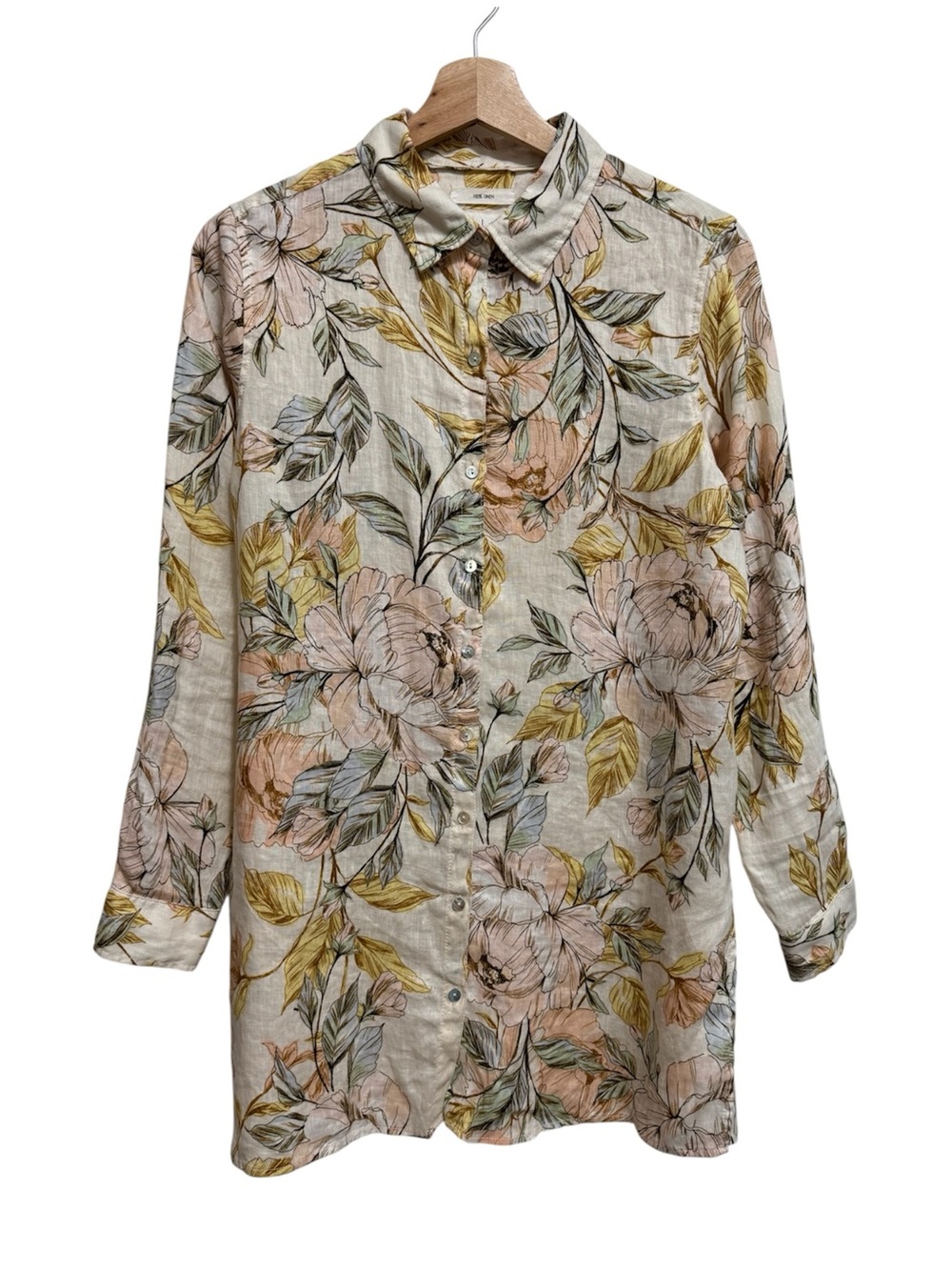 Nicole Miller 100% Linen Floral Tunic Button Down Shirt Blouse Women Small